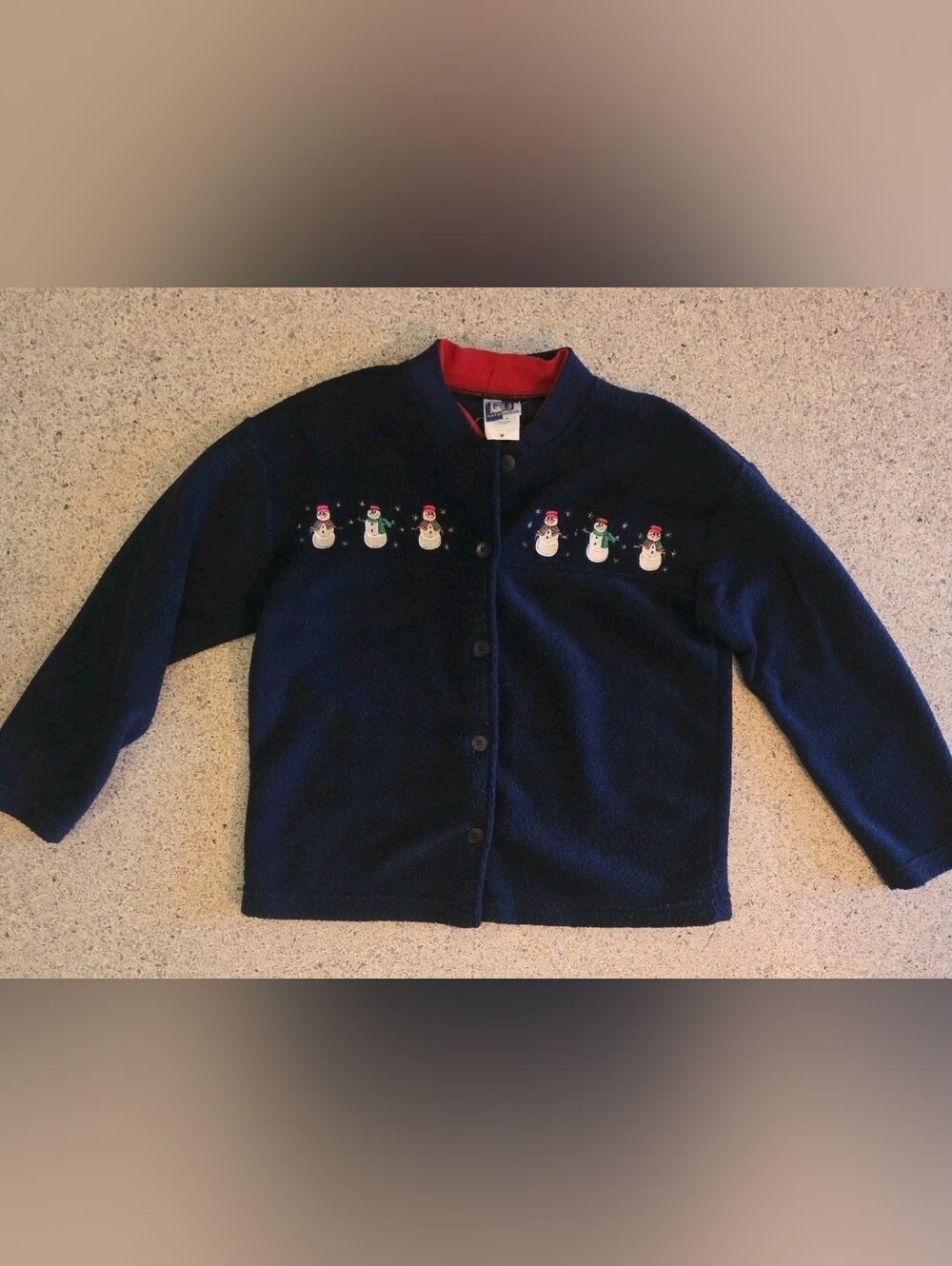 Vintage 90s Art Unimited Embroidered Snowman Button Fleece Cardigan Sweater Med